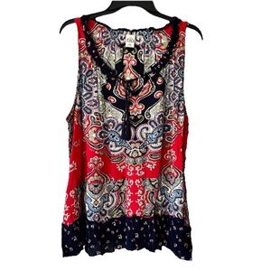 Bila XXL Sleeveless Tank Top Red Blue Paisley Boho Crinkle Fabric Peplum Tie